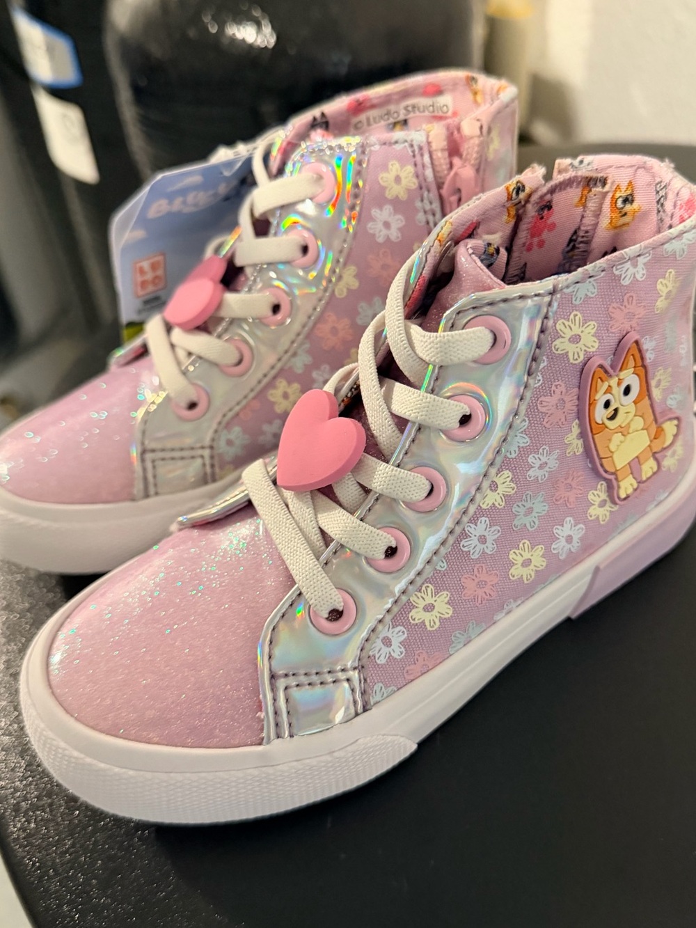 Kids Pink Glitter High-Top Sneakers with Heart Lace Charm
